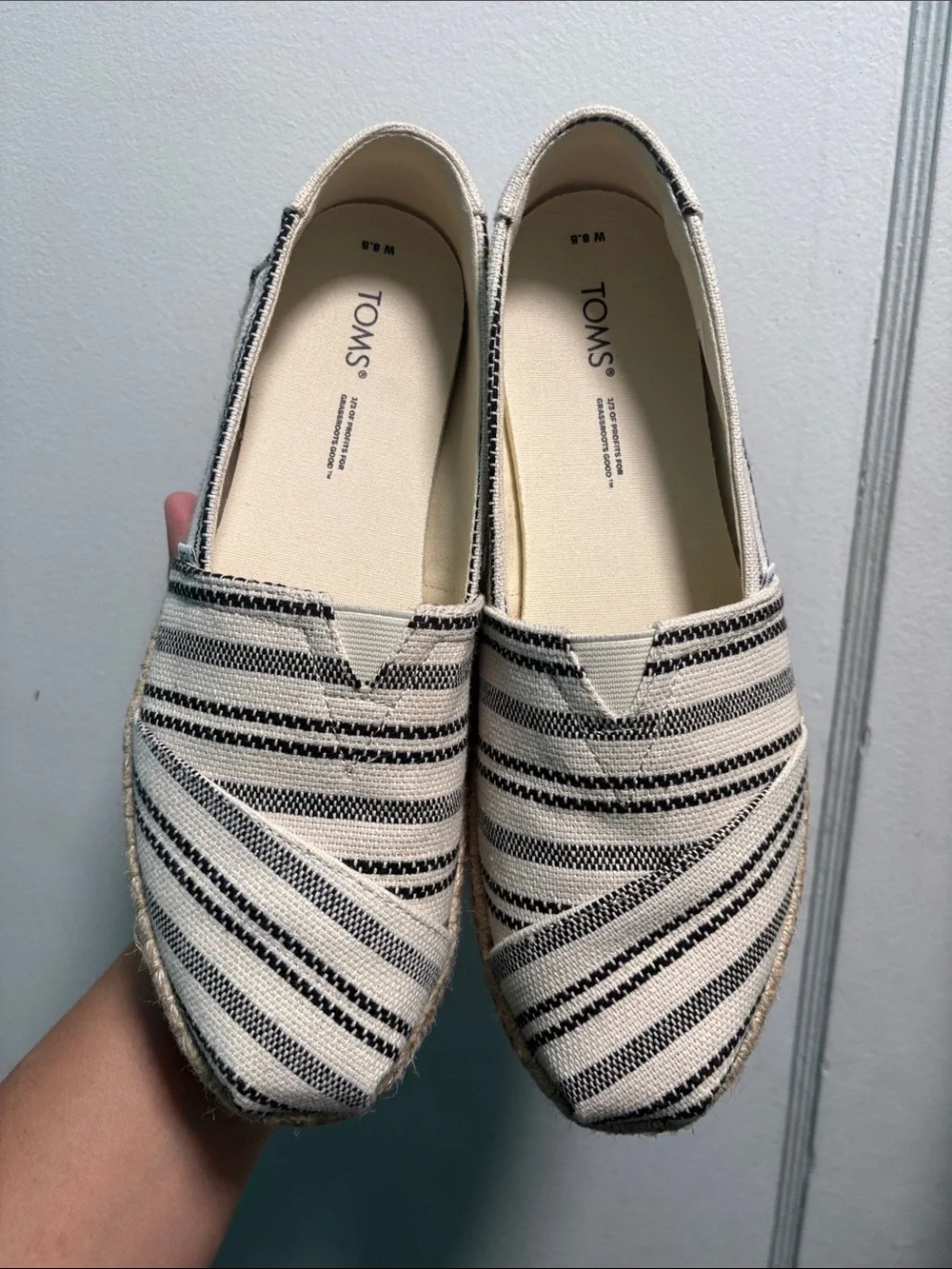 Toms Women’s Cream and Black Striped Canvas Espadrilles